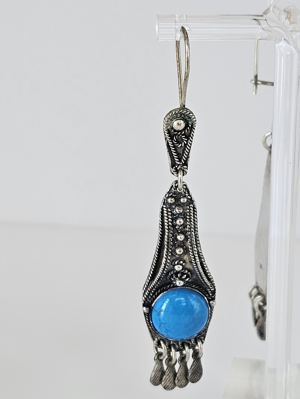 Vintage 950 Silver Turquoise Chandelier Earrings, Heavy 16g Artisan Handmade - Picture 6 of 8